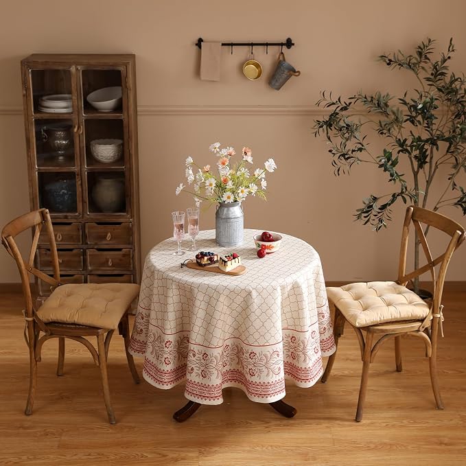ISAENNE Designer Linen Round Tablecloth,Diameter 55"-Chamonix A | Vintage Elegant Plaid Print Beautiful Heavy Table Cloth,Chinoiserie,Dining Room,Tea Party,Kitchen,Thanksgiving,Decor