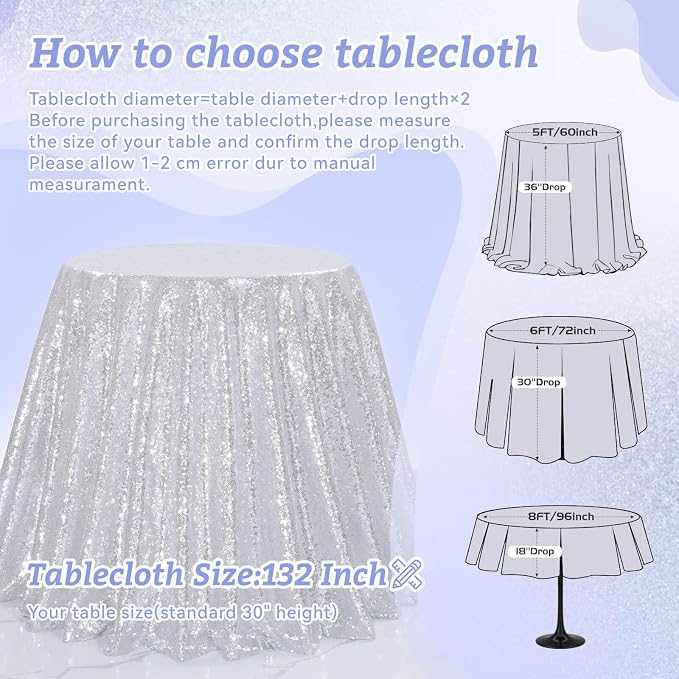 B-COOL Sequin Tablecloth Round Party Decorations: 132 Inch Silver Tablecloth Sequin Overlay Glitter Fabric for Indoor and Outdoor Gathering Christmas Parties