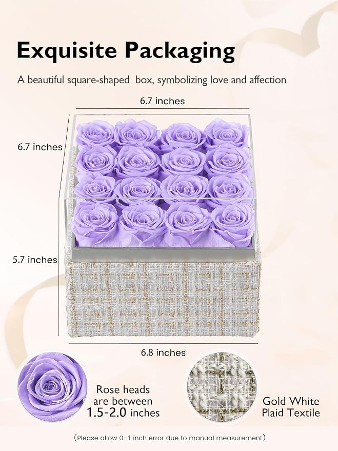 Eterfield Forever Flowers Preserved Roses Real Roses that Last Over a Year Rose Box Gifts for Her Mothers Day Valentines Day Christmas (Square Gold White Plaid Box, 16 Light Purple Roses)