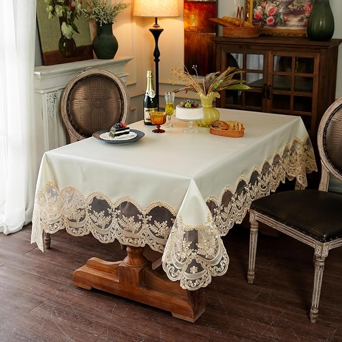 ARTABLE Lace Tablecloth Rectangle Waterproof Table Cover with Exquisite Macrame Border for Wedding Kitchen Holidays Party Decor (Beige, 60 x 104 Inch)