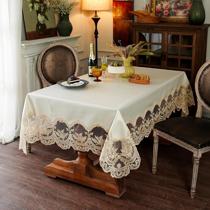 ARTABLE Lace Tablecloth Rectangle Waterproof Table Cover with Exquisite Macrame Border for Wedding Kitchen Holidays Party Decor (Beige, 54 x 72 Inch)
