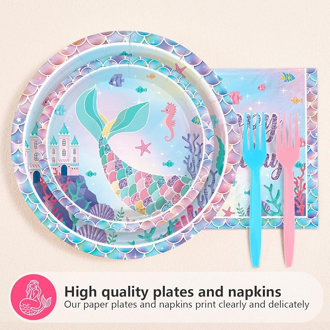 96Pcs Mermaid 3rd Birthday Party Decorations Mermaid 3rd Plates and Napkins Sets Under the Sea Theme 3 Years Old Decorations for Girls Boys Ocean Birthday Party Supplies Serves 24