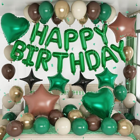 Green and Brown Birthday Decorations Dark Forest Green Safari Camo Army Brown Coffee Gold Sand Nude Balloons Happy Birthday Banner Heart Balloons 18/10 Inch Star Balloon for Boys Bday Party Supplies