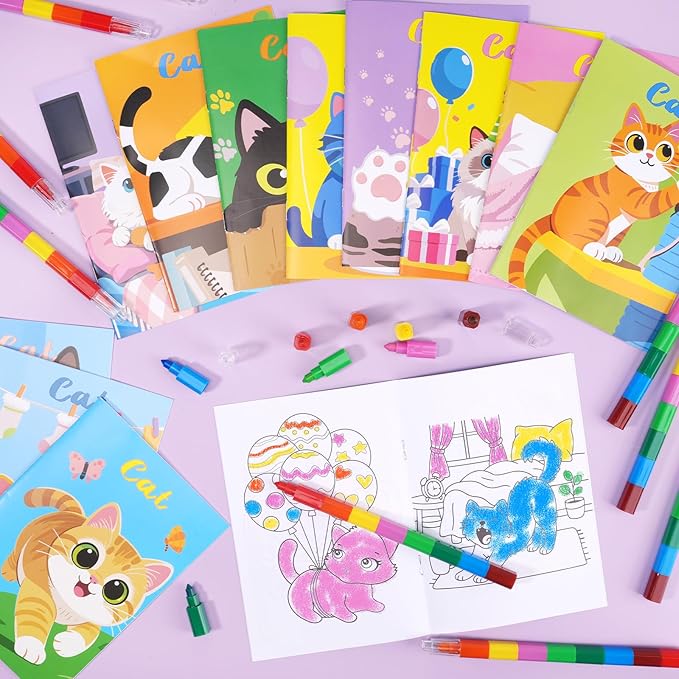 BenLouis 24 Cat Mini Coloring Books Kids with 24 Stacking Crayons Cute Kitten Small Party Favors Activity Books Bulk for Kids Pet Goodie Bag Gift Stuffer Classroom Reward