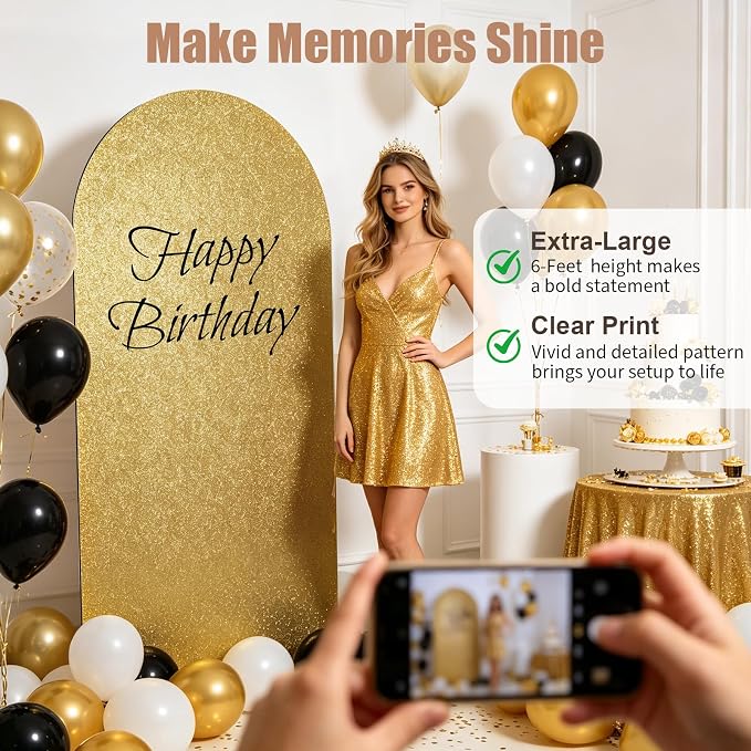 6FT Arch Backdrop with Stand Set, No-Tip Stability Foam Board Photo Booth Background for Wedding Birthday Party Ceremony Baby Shower Banquet Decoration Reusable - BlackGold