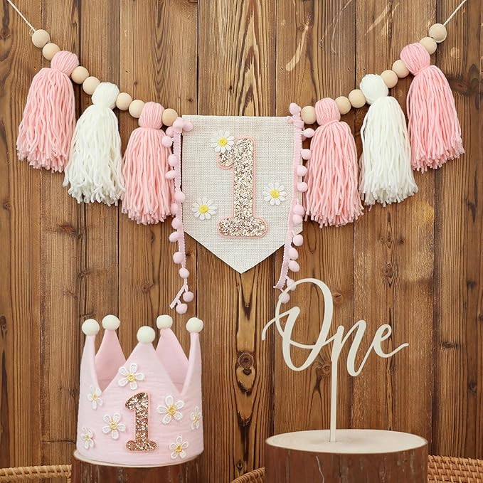 Daisy 1st Highchair Wood Bead Tassel Garland Crown Hat Wooden Cake Topper Birthday Decorations