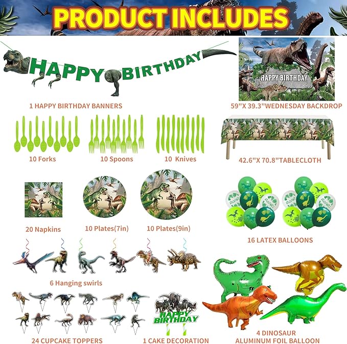 Dinosaur Themed Birthday Party Decoration Kit - Includes Backdrop, Tablecloth, Birthday Banner, Cake/Cupcake Toppers, Hanging Swirls, Disposable Tableware Set, Latex and Foil Balloon