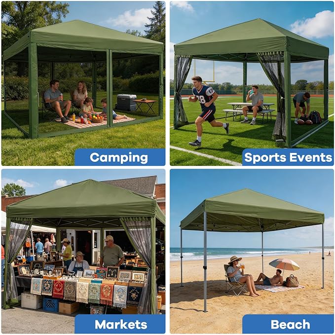 8x8 Pop Up Canopy with Mosquito Netting, Ez Up Portable Waterproof Instant Outdoor Screen Shelter, Pop Up Tent for Patio, Backyard, Parties, Camping and Events, Army Green