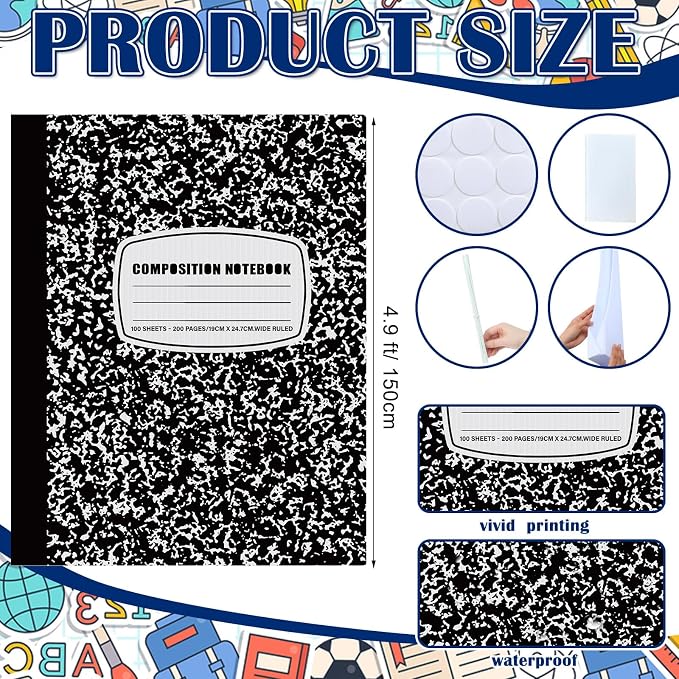 Amyhill 5 ft Composition Notebook Cardboard Cutout Stand Up Life-Size Back to School Party Decorations First Day of School Composition Notebooks Backdrop Photo Booth Standup for Welcome Party Supplies
