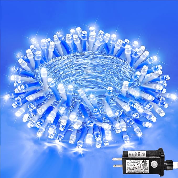 120 LED Blue White Christmas Lights Outdoor, 40 FT Clear Wire Christmas Tree Lights 8 Modes, Plug in Waterproof Fairy Twinkle Lights for Indoor Christmas Bedroom Tree Party Holiday Decorations
