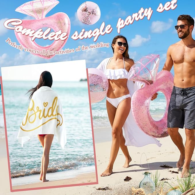 Realspring 3 Pcs Bachelorette Pool Float Set for Bride to Be Gifts Inflatable Glitter Heart Shaped Diamond Ring Float with Bridal Towel & Beach Ball for Bridal Shower Pool Party Decorations