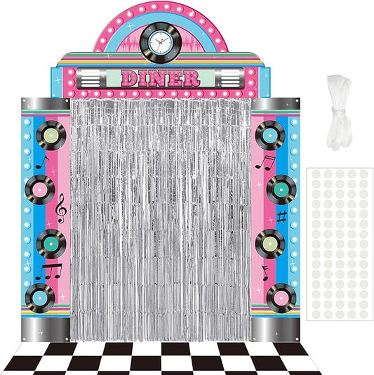 VitalCozy 7pcs 50s Party Decorations 1950s Retro Diner Party Banners Black White Checkered Rug Silver Foil Fringe Backdrop Curtains for Rock and Roll Sock Hop Music Birthday Halloween Photo Booths
