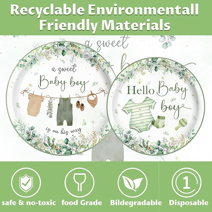 140PCS Greenery Baby Boy Shower Decorations Tableware Set, Boho Greency Party Decorations Tableware Set Dessert Plates Napkins Forks for 20 Guests