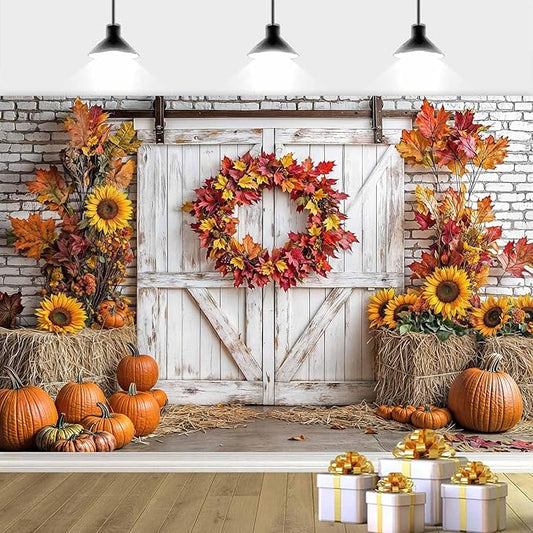 Rustic Barn Door Photography Backdrops, White Painted Brick Wall Wood Door Green Leaves Garden Photo Backgrounds, Kids Family Portrait Baby Shower Children Birthday Backdrops Booth Photoshoot 6x4ft