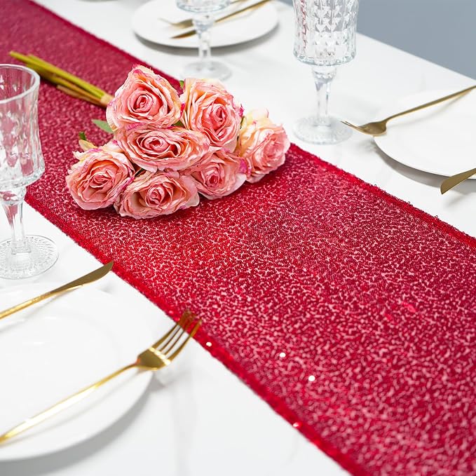 12x108 inch Red Sequin Table Runner Sparkly Glitter Table Linens 6 Packs for Party Decorations Wedding Birthday Baby Shower Engagement Anniversary