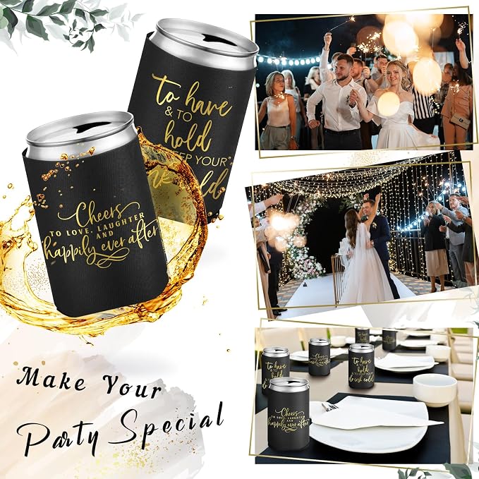 Qinyoung 50 Pieces Black Wedding Can Cooler Sleeves Bulk Engagement Party Favors for Guests Cheers to Love Laughter Happily Ever After Rehearsal Dinner Decorations for Wedding Bridal Party