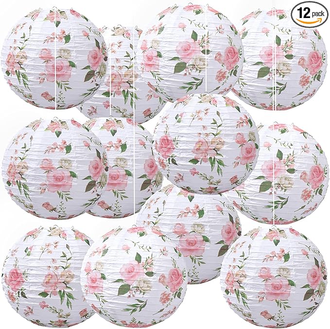 Honoson 12 Pcs Pink Rose Paper Lanterns Spring Floral Party Decorations Hanging 10 Inch Chinese Lanterns for Wedding Bridal Shower Baby Shower Tea Party Decorations