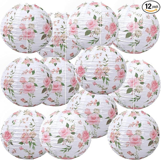 Honoson 12 Pcs Pink Rose Paper Lanterns Spring Floral Party Decorations Hanging 10 Inch Chinese Lanterns for Wedding Bridal Shower Baby Shower Tea Party Decorations
