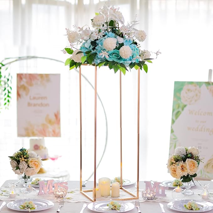 Gold Metal Cube Vase Stand for Wedding Centerpieces, 31.5in Tall, 10 Pcs | Columnar Cube Shape, Easy to Assembly, Flowers Cakes Drinks Display Table Centerpieces for Wedding Party Event