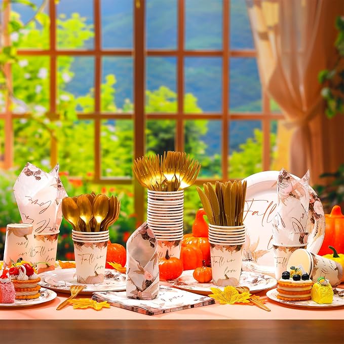 Shellwei 350 Pcs Fall in Love Bridal Shower Decorations Floral and Pumpkin Paper Plates and Napkins Set for 50 Guest Disposable Flower Paper Cups Knifes Forks Spoons for Fall Wedding Party