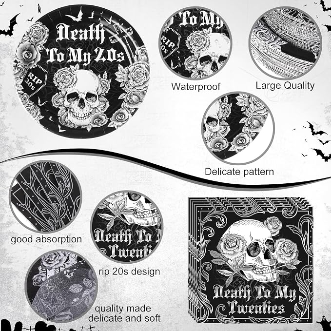 Funnymoom 452 Pcs Black and Silver Death to My 20s Decoration Serves 50, Rip 20s Paper Plates Napkins Cups Tablecloth Cutlery Straw for Men Women Death to My Twenties 30th Birthday Party Supplies