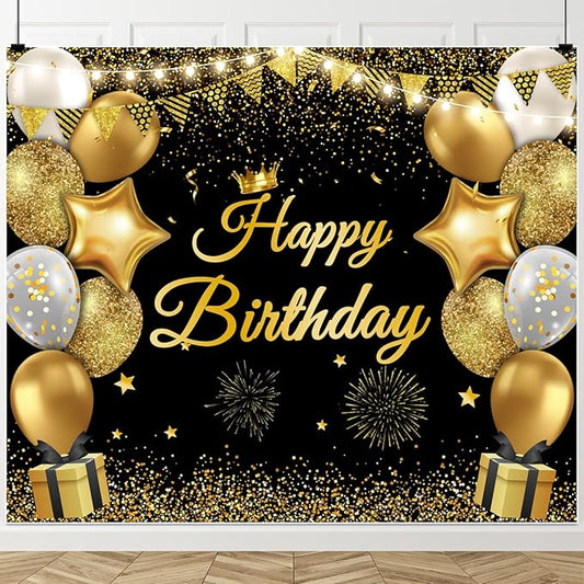Chloroplastid 10x8ft Happy Birthday Backdrop Banner for Men Women Boys Girls Black and Gold Balloons Birthday Backdrop for Kids Children Birthday Party Background Decorations