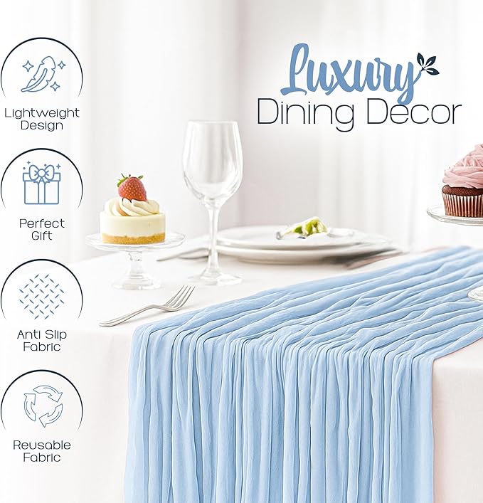 12 Pack Dusty Blue Cheesecloth Table Runners 10FT Long – 35 x 120 Inch Boho Gauze Table Runners for Engagement, Wedding, Baby Shower & Home Decor – Soft Wrinkled Polyester Fabric