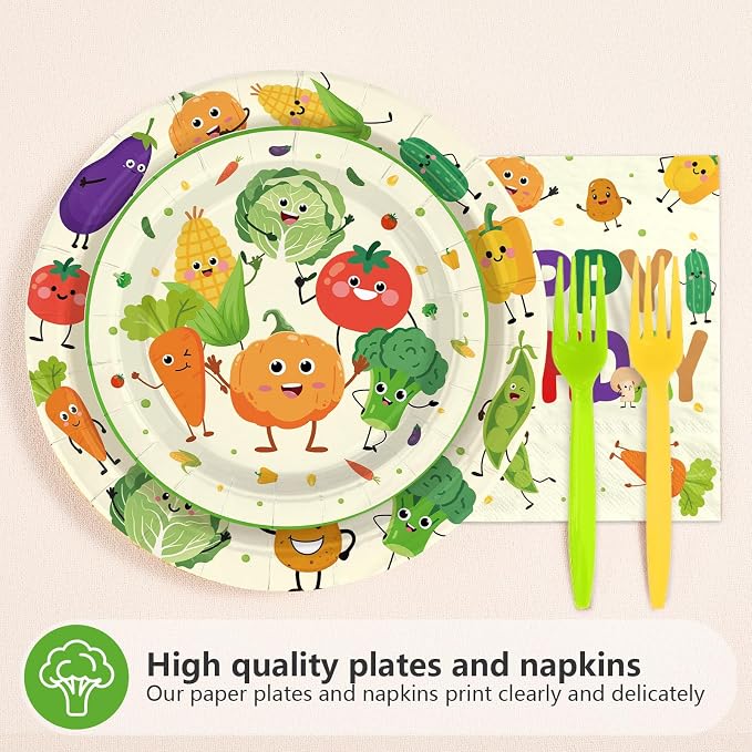 96Pcs Vegetable Birthday Party Supplies Cute Vegetable Plates and Napkins Garden Theme Tableware Sets for Farmer Market Birthday Baby Shower Party Decorations,Serves 24