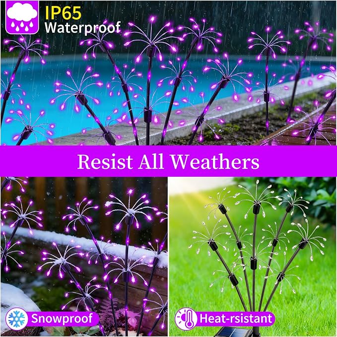 Solar Garden Lights Outdoor, 4 Pack 2-Layer Purple Solar Firework Lights, Waterproof Starburst Fairy Light Garden Decor for Yard Patio Pathway Lawn, Unique Gifts for Women Mom Grandma Mother's Day