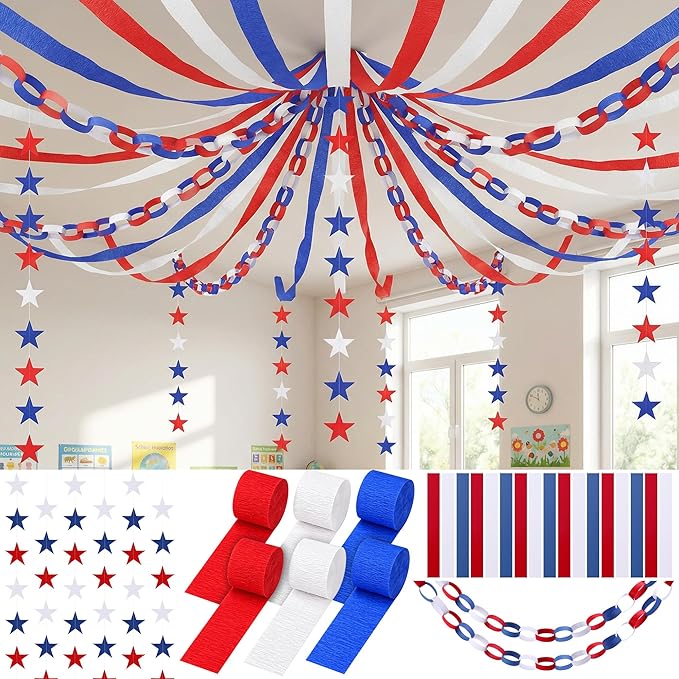 700 Sheet 4th of July Paper Chain Strips Set, 52 ft Red White Blue Star Garland Decor, 492 ft Patriotic Crepe Paper Streamers for DIY Crafts Memorial Day American Theme Party