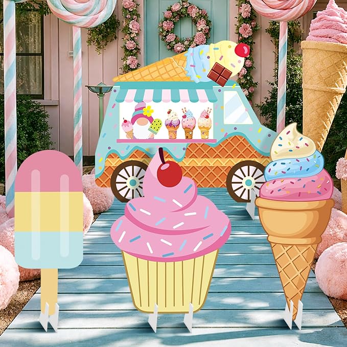 4 Pcs Large Ice Cream Bar Decoration Cardboard Cutout 26.62 Inch Ice Cream Birthday Decoration Summer Sweet Shop Signs for Baby Shower Party Booth Props Cupcake Icepop Yard Signs Backdrops