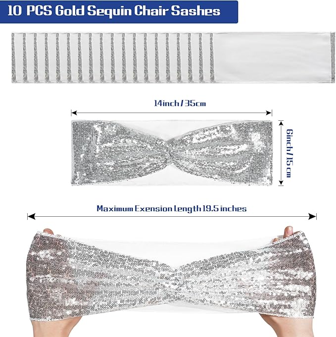 SquarPie Pack of 10 Chair Sashes Bands Silver Stretch Spandex One-Sided Sequin Bows for Wedding Party Fiesta Decor
