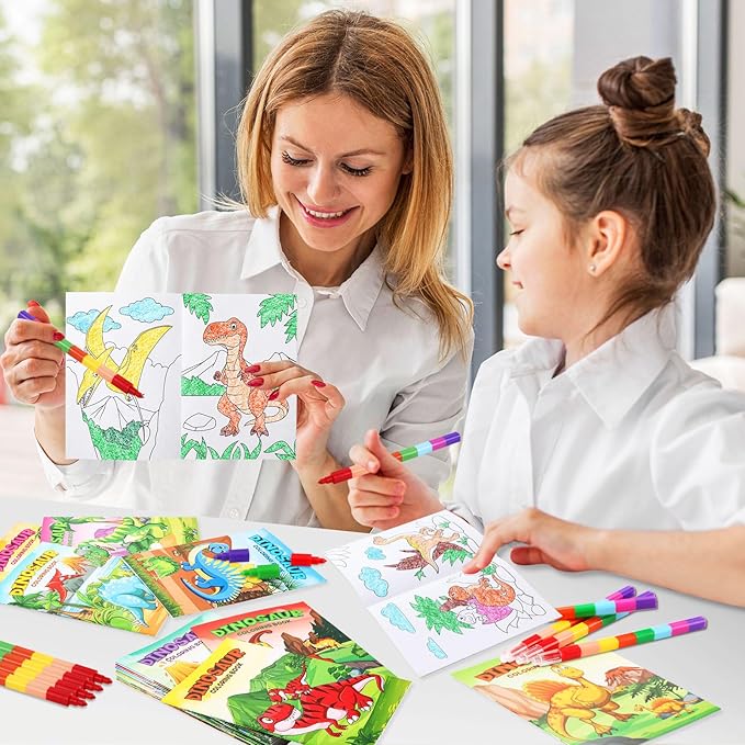 BenLouis 24 Dinosaur Mini Coloring Books Kids with 24 Stacking Crayons Dino Birthday Party Favors Activity Books Bulk for Kids Jurassic Goodie Bag Gift Stuffer Classroom Reward