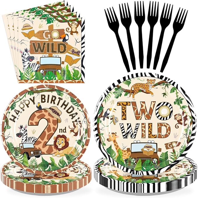 96Pcs Two Wild Birthday Party Decoration Safari Jungle 2 Year Old Birthday Plates and Napkins Mouse Safari Wild Animal Tableware Set for Boys Girls 2nd Birthday Party Supplies, Serves 24