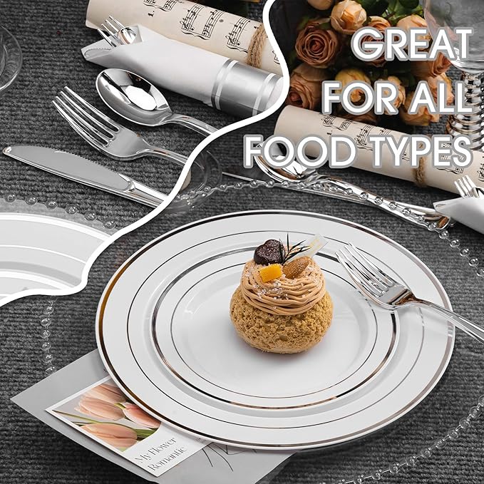 350 PCS White and Silver Plastic Dinnerware Set for 50 Guests, Disposable Party Plates for 50 Guests, Include: 100 Plastic Plates, 50 Pre Rolled Napkins with Silver Silverware, 50 Cups