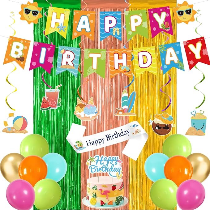 Crenics Summer Birthday Decorations - Happy Birthday Banner, Foil Fringe Curtains, Sash, Hanging Swirls, Cake Topper and Balloons for Summer Beach Theme Party Supplies