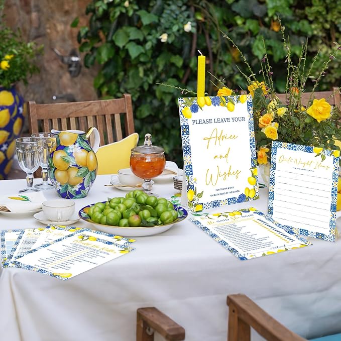 Silipull Bridal Shower Games Set for 50 Guests Includes Bingo, He Said She Said, Scramble, Would She Rather, Advice and Wishes Wedding Games Double Sided with Wooden Box, 20 Pencils (Lemon)