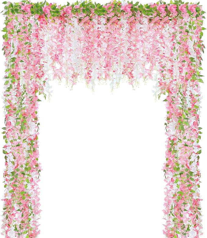 Thiccywoov 4pcs Wisteria Artificial Flowers Garland, 7.2Ft/Piece Wisteria Hanging Flowers Garland for Wedding Arch Decoration Outdoor Ceremony Home Backdrop Garden (Pink,Dark Pink,White)