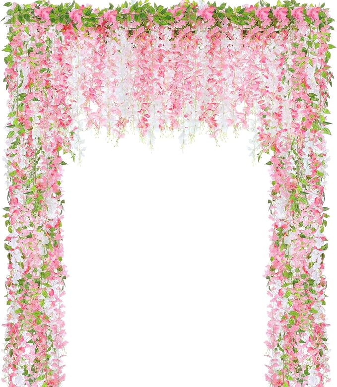 Thiccywoov 8pcs Wisteria Artificial Flowers Garland, 7.2Ft/Piece Wisteria Hanging Flowers Garland for Wedding Arch Decoration Outdoor Ceremony Home Backdrop Garden (Pink,Dark Pink,White)