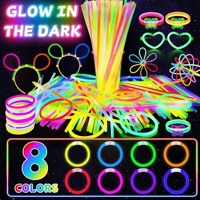 SHQDD 200 Glow Sticks Bulk Party Pack, 8” Neon Glow Sticks, DIY Glowsticks with Connectors Bracelets & Necklaces, Glow in the Dark Party Supplies for Kids, Adults, Parties, Halloween & New Year