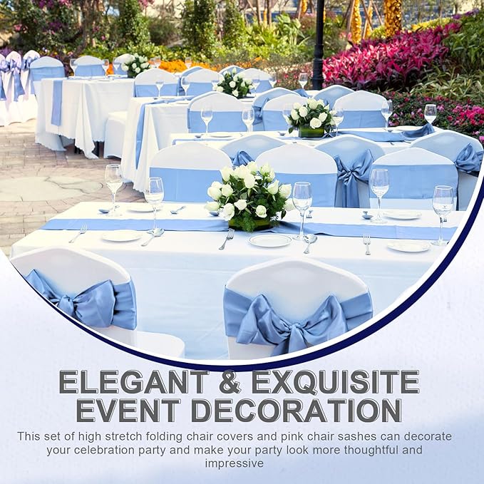 Lounsweer 50 Pcs Folding Chair Cover Set with 25 Stretch Spandex Slipcovers 25 Satin Chair Sashes Bows Ribbon Washable Banquet Protector for Wedding Event Party(White, Sky Blue)