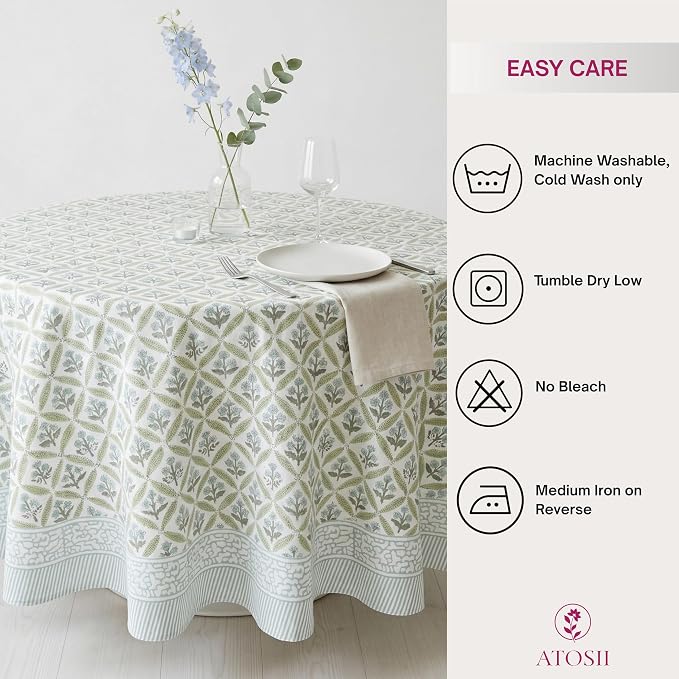 ATOSII Netta Green 100% Cotton Round Boho Fall Tablecloth, Handblock Floral Table Cloth Linen for Kitchen Dining I Parties Weddings Outdoors Picnics Easter Mothers Day I 72" Inches Round I 4 Seater