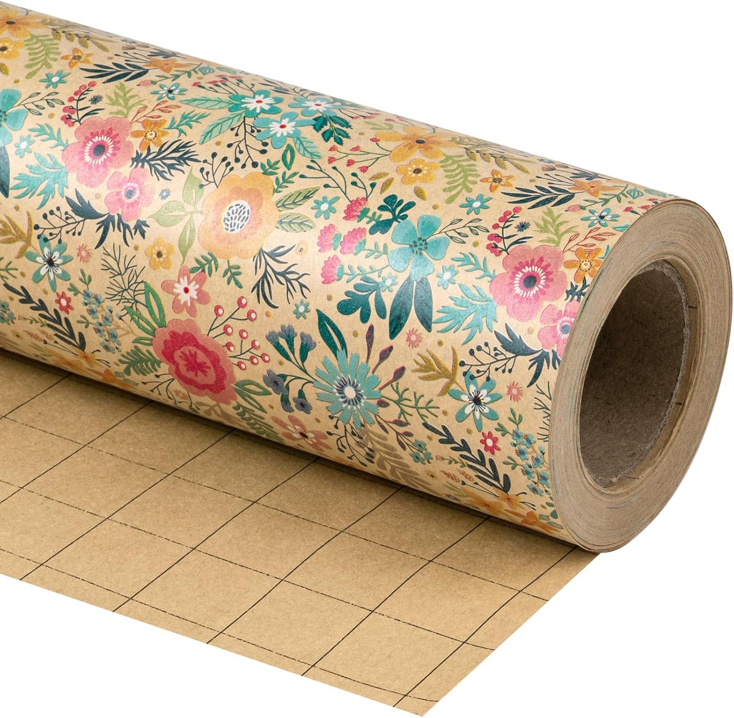 WRAPAHOLIC Kraft Floral Wrapping Paper Roll - Mini Roll - 17 Inch x 9.8 Feet - Spring Summer Garden Flower Design Perfect for Wedding, Bridal Shower, Birthday