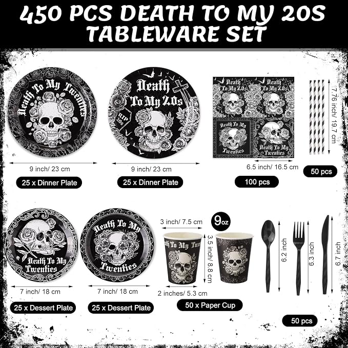 450 Pcs Death to My 20s Tableware Set Black White 30th Birthday Party Decorations Rip to My 20s Paper Plates Napkins Cups Cutlery Straws for Funeral Youth Birthday Supplies, Serves 50