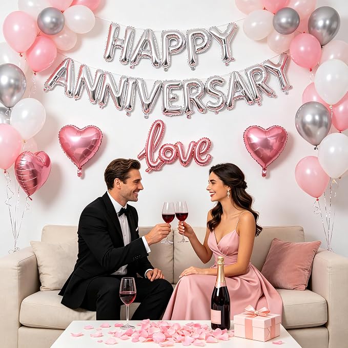 Pink Happy Anniversary Balloons Kit with Heart Shaped, Love Foil Balloons and 1000 Pieces Rose Petals for Valentine's Day Proposals Decorations (Pink - Happy Anniversary)