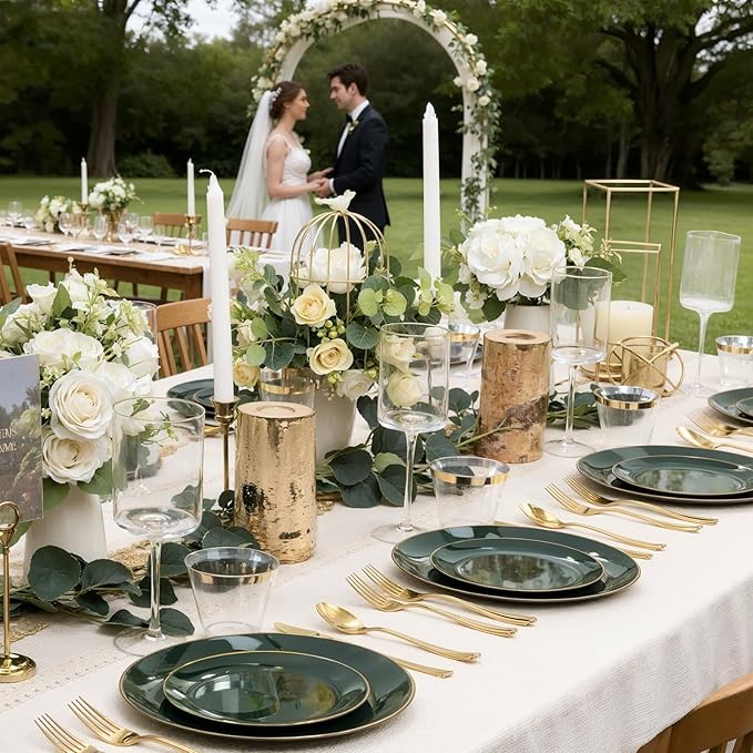 WDF 150Pcs Green Plastic Plates - Green Plates Disposable with Gold Rim - 25Guest Disposable Dinnerware Include 50 Plastic Plate, 75 Gold Cutlery & 25 9oz Cups for Wedding/Party/Birthday