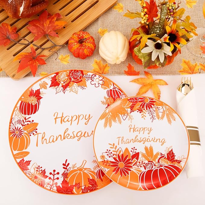 DaYammi 210Pcs Thanksgiving Plastic Plates,Orange and Red Disposable Dinnerware Set Includes 60 Dinner plates,30 Gold Plastic Silverware,30 Per Rolled Napkins,30 plastic Cups for Thanksgiving Party