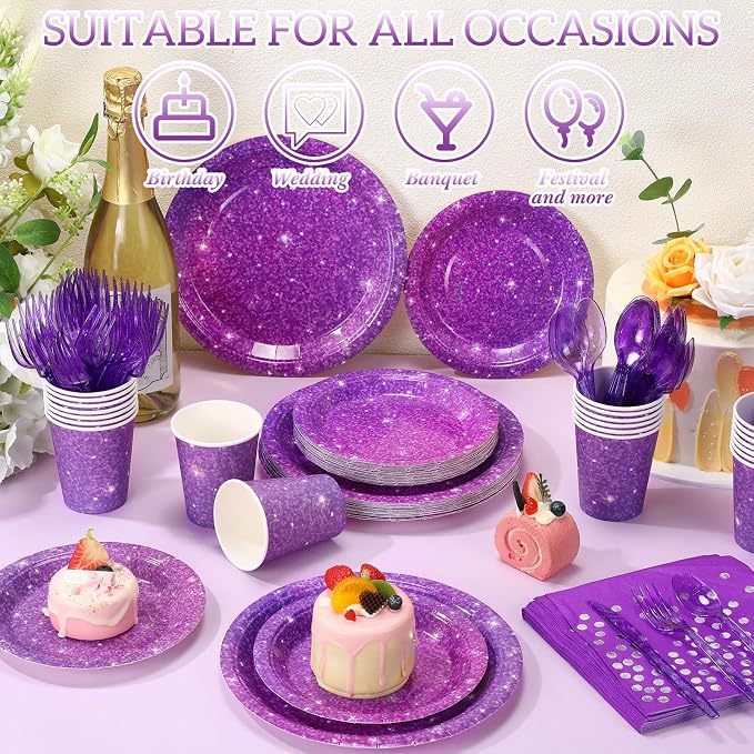 Hushee 175 Pcs 25 Guests Purple Paper Party Plates and Cups Napkins Sets Holographic Glitter Disposable Dinnerware Plastic Forks Knives Spoons Birthday Bachelorette Wedding Party Supplies