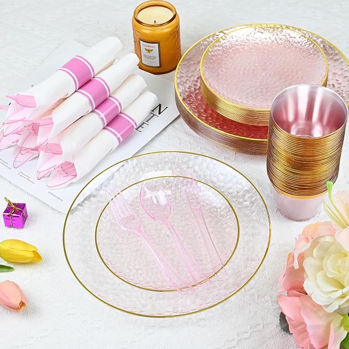 175PCS Pink Hammered Plastic Dinnerware Set for 25 Guests - Disposable Pink Plates with Gold Rim, Heavy Duty Cups Pre-Rolled Napkins with Cutlery (Forks/Knives/Spoons), Ideal for Wedding, Party