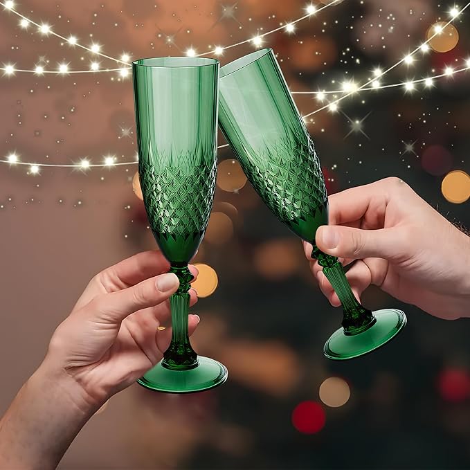 Plastic Champagne Flutes, Champagne Glasses Bulk, Reusable Unbreakable Acrylic Wine Glasses Goblets for Weddings Bachelor Parties Toasting Bridal Shower (48, Dark Green)